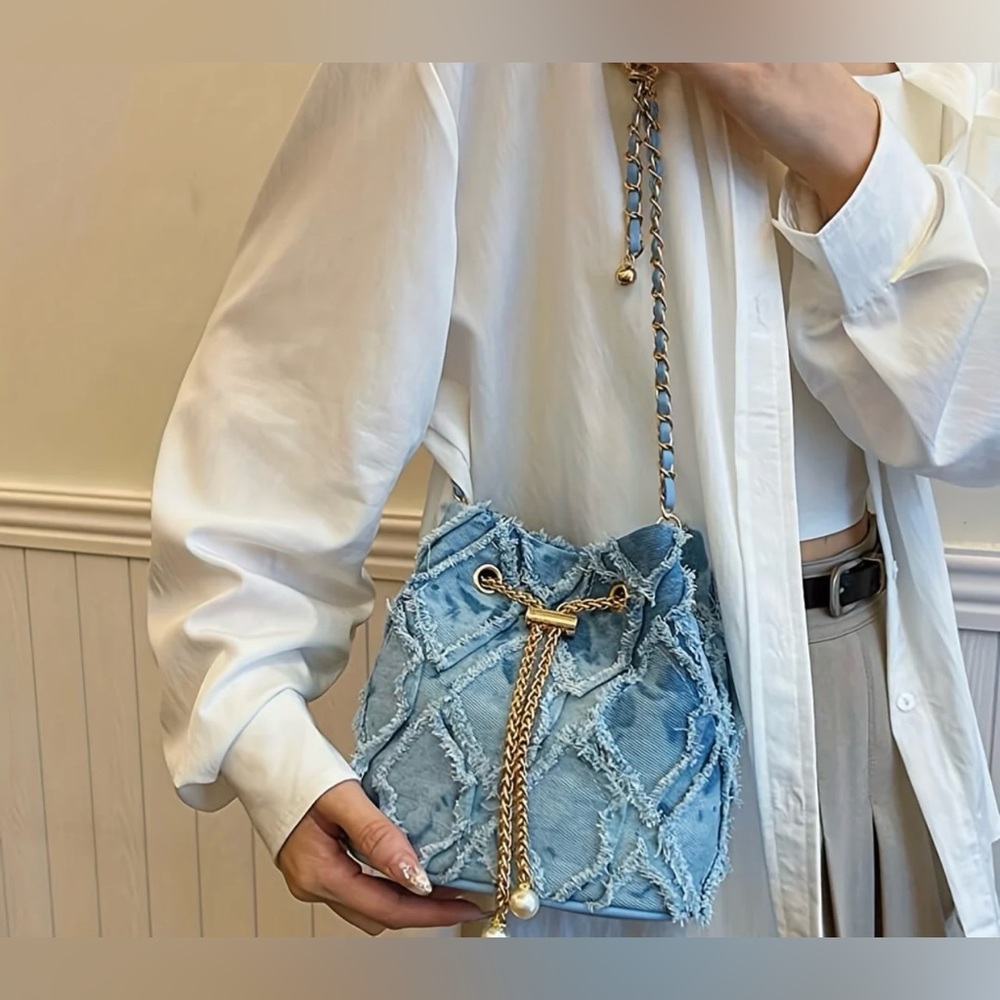 Capir Blue Boutique Pearl Denim Drawstring Bucket Bag - Picture 4 of 6